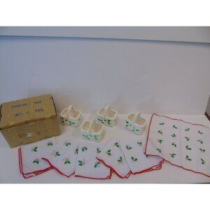 Vintage Four Holly Ceramic Mini Baskets With Six Holly Cocktail Napkins New